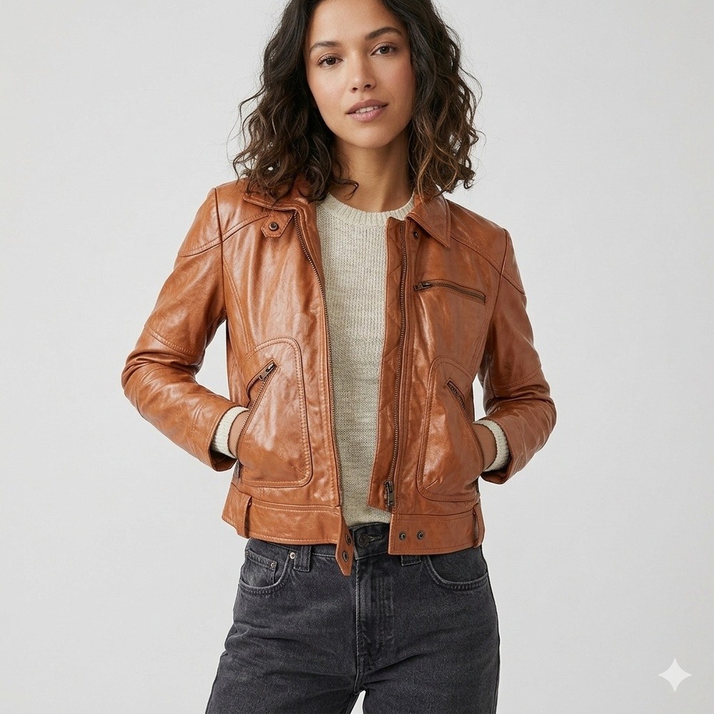 Free People Josie Vegan Leather Moto Jacket Womens‎ L Brown Biker Boho NWT